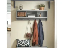 Hot SoBuy Wandgarderobe mit 3 Körben und 4 Haken MDF Grau FHK28-HG