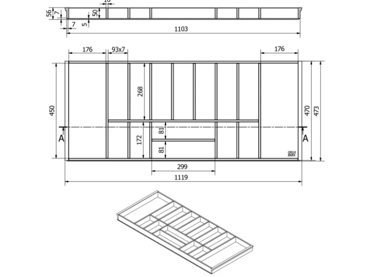 SOTECH Besteckkästen<Orga-Box-1 Bambus Besteckeinsatz 15 Fächer Für Blum Tandembox Antaro Schubladen 1119x473x56 mm im 120er Schrank