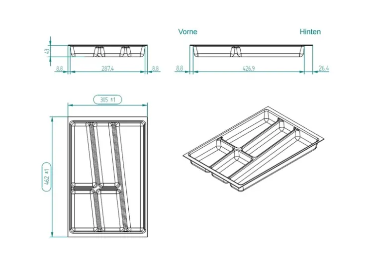 Outlet SOTECH ORGA-BOX II Besteckeinsatz 400 mm Höhe 45 mm Silbergrau Für Nobilia Schubladen