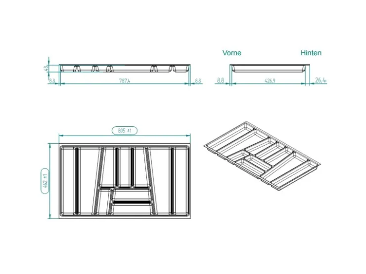 SOTECH Besteckkästen<ORGA-BOX II Besteckeinsatz 900 mm Höhe 45 mm Silbergrau Für Nobilia Schubladen