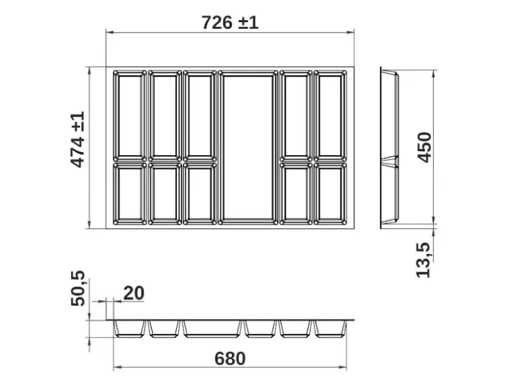 SOTECH Besteckkästen<Orga-Box VII Besteckeinsatz Schwarz 800 mm Höhe 50,5 mm mit Softtouch Oberfläche