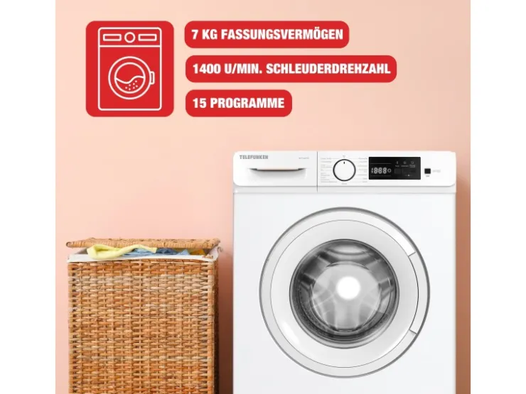 Telefunken Waschmaschinen<Waschmaschine 7kg Frontlader 1400 U/Min Inverter Motor Schontrommel 15 Programme Weiß W714A1W