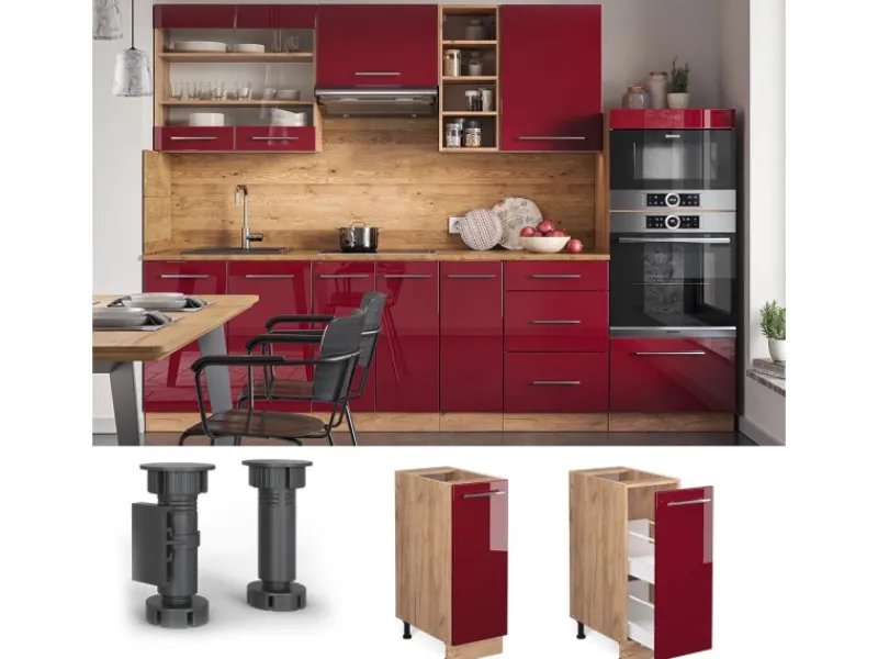 Vicco Apothekerschrank Fame-Line Bordeaux Hochglanz/Goldkraft Eiche 30 cm AP Marmor Einbauküchen
