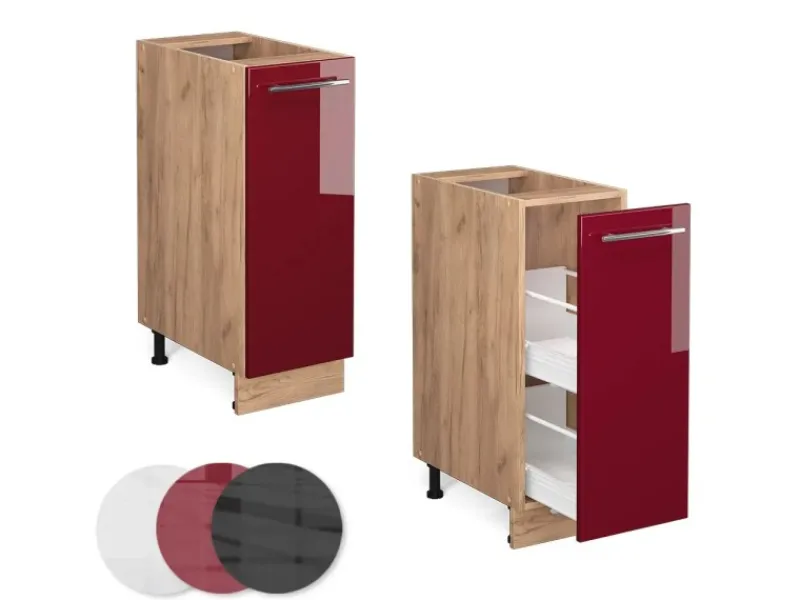 Vicco Apothekerschrank Fame-Line Bordeaux Hochglanz/Goldkraft Eiche 30 cm AP Marmor Einbauküchen