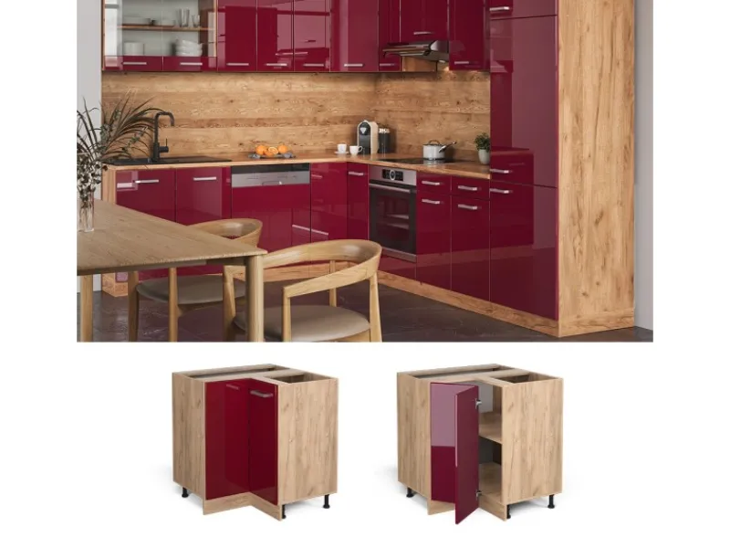 Vicco Eckunterschrank R-Line Bordeaux Hochglanz/Goldkraft Eiche 76 cm ohne Arbeitsplatte Einbauküchen