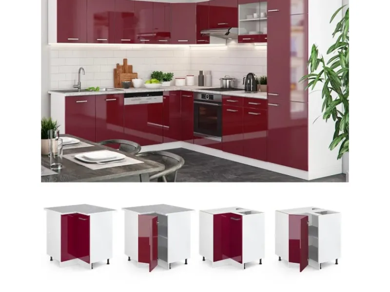 Clearance Vicco Eckunterschrank R-Line Bordeaux Hochglanz/Weiß 76 cm ohne Arbeitsplatte Küchenschränke