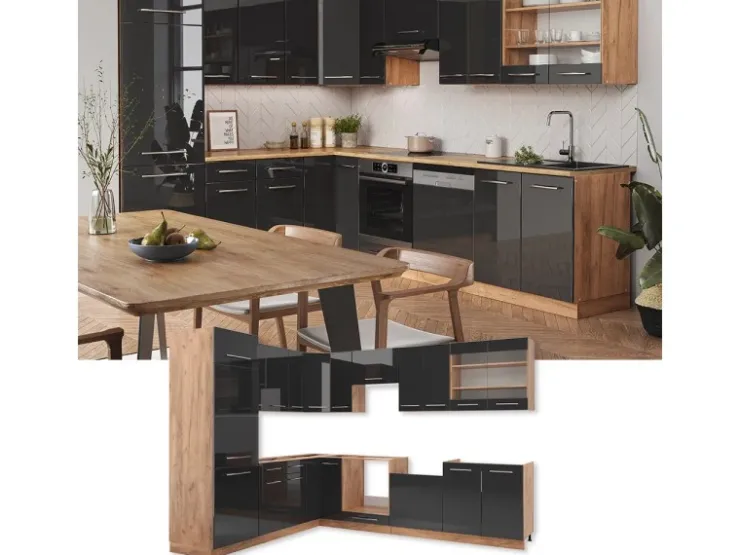 Clearance Vicco Fame-Line Eckküche /Goldkraft Eiche 227 x 287 cm AP Eiche ohne E-Geräte Anthrazit Hochglanz