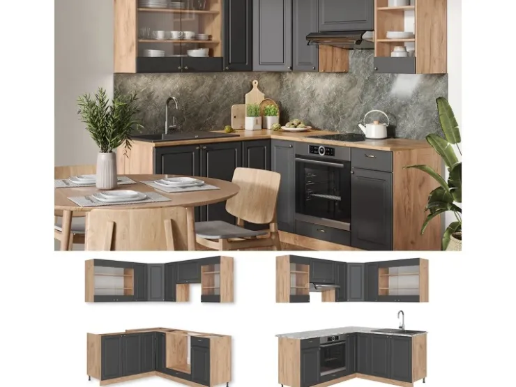 Winkelküchen<Vicco Fame-Line Eckküche Anthrazit Landhaus/Goldkraft Eiche 160 x 190 cm AP Anthrazit ohne E-Geräte Anthrazit Struktur