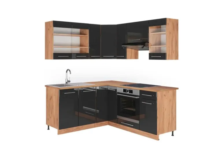 Winkelküchen<Vicco Fame-Line Eckküche /Goldkraft Eiche 160 x 190 cm AP Eiche ohne E-Geräte Anthrazit Hochglanz