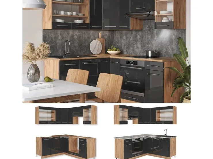 Winkelküchen<Vicco Fame-Line Eckküche /Goldkraft Eiche 160 x 190 cm AP Eiche ohne E-Geräte Anthrazit Hochglanz