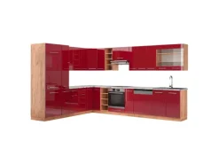 Hot Vicco Fame-Line Eckküche Bordeaux Hochglanz/Goldkraft Eiche 347 x 257 cm AP Marmor ohne E-Geräte Winkelküchen
