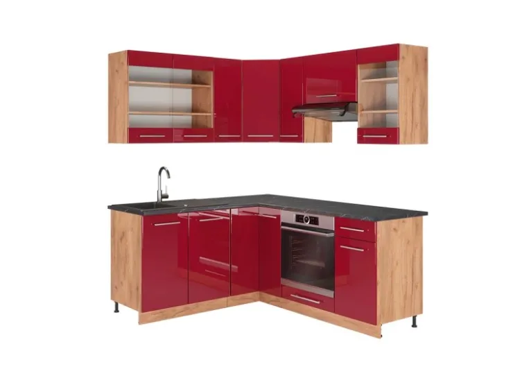 Hot Vicco Fame-Line Eckküche Bordeaux Hochglanz/Goldkraft Eiche 160 x 190 cm AP Anthrazit ohne E-Geräte Bordeaux-Glanz