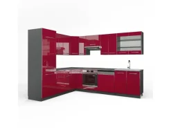 Winkelküchen<Vicco Fame-Line Eckküche Bordeaux Hochglanz/Anthrazit 227 x 60 cm ohne Arbeitsplatte ohne E-Geräte Brilliant Bordeaux