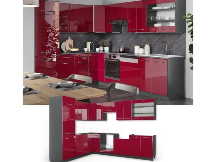 Winkelküchen<Vicco Fame-Line Eckküche Bordeaux Hochglanz/Anthrazit 227 x 60 cm ohne Arbeitsplatte ohne E-Geräte Brilliant Bordeaux