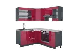 Sale Vicco Fame-Line Eckküche Bordeaux Hochglanz/Anthrazit 160 x 190 cm AP Marmor ohne E-Geräte Brilliant Bordeaux