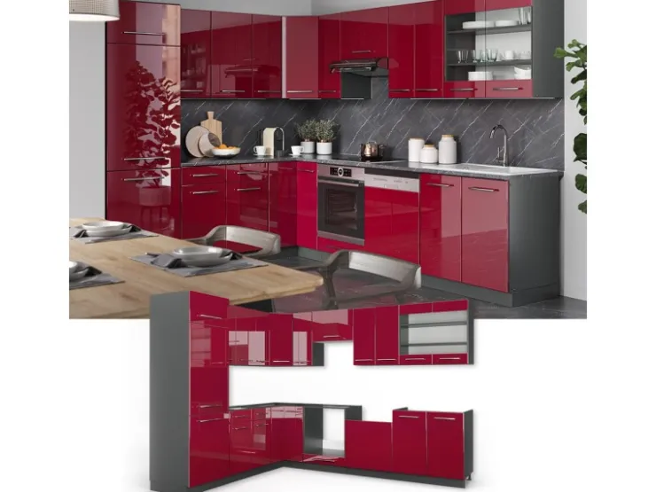New Vicco Fame-Line Eckküche Bordeaux Hochglanz/Anthrazit 227 x 287 cm AP Anthrazit ohne E-Geräte Brilliant Bordeaux