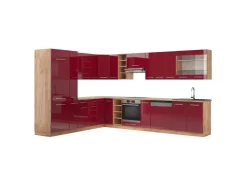 Clearance Vicco Fame-Line Eckküche Bordeaux Hochglanz/Goldkraft Eiche 347 x 257 cm ohne Arbeitsplatte ohne E-Geräte Bordeaux-Glanz