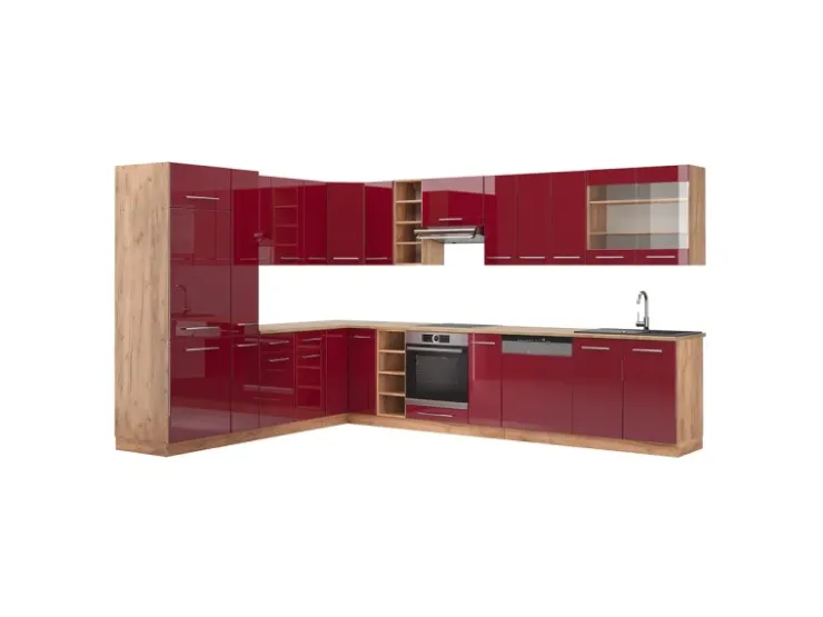 Clearance Vicco Fame-Line Eckküche Bordeaux Hochglanz/Goldkraft Eiche 347 x 257 cm ohne Arbeitsplatte ohne E-Geräte Bordeaux-Glanz