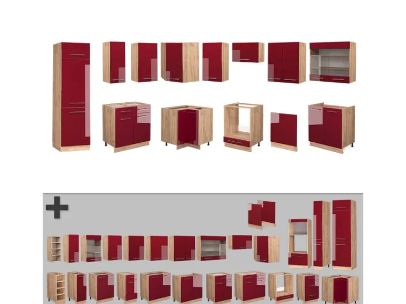 Online Vicco Fame-Line Eckküche Bordeaux Hochglanz/Goldkraft Eiche 227 x 60 cm ohne Arbeitsplatte ohne E-Geräte Winkelküchen