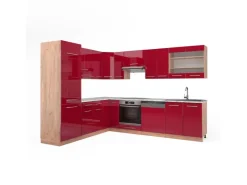 Winkelküchen<Vicco Fame-Line Eckküche Bordeaux Hochglanz/Goldkraft Eiche 227 x 287 cm AP Marmor ohne E-Geräte Bordeaux-Glanz