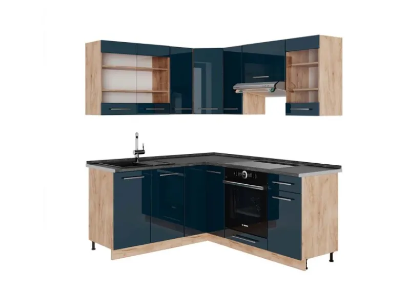 Best Vicco Fame-Line Eckküche Hochglanz/Goldkraft Eiche 160 x 190 cm AP Anthrazit ohne E-Geräte Winkelküchen