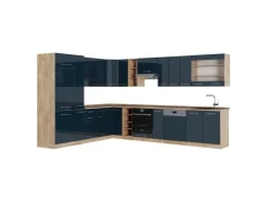 Hot Vicco Fame-Line Eckküche Hochglanz/Goldkraft Eiche 257 x 60 cm ohne Arbeitsplatte ohne E-Geräte Dunkelblau