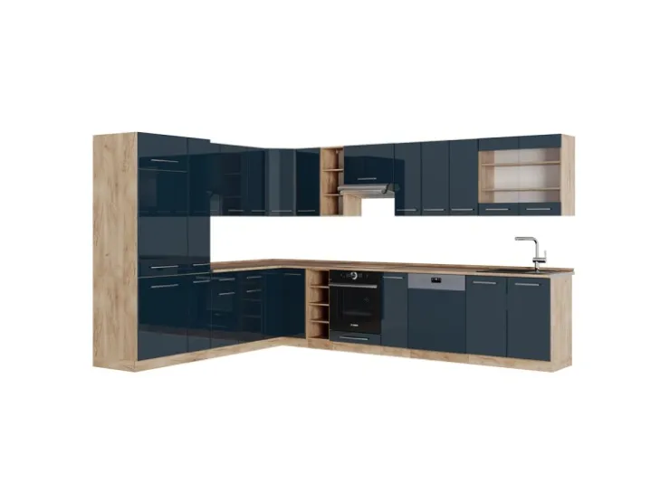 Hot Vicco Fame-Line Eckküche Hochglanz/Goldkraft Eiche 257 x 60 cm ohne Arbeitsplatte ohne E-Geräte Dunkelblau