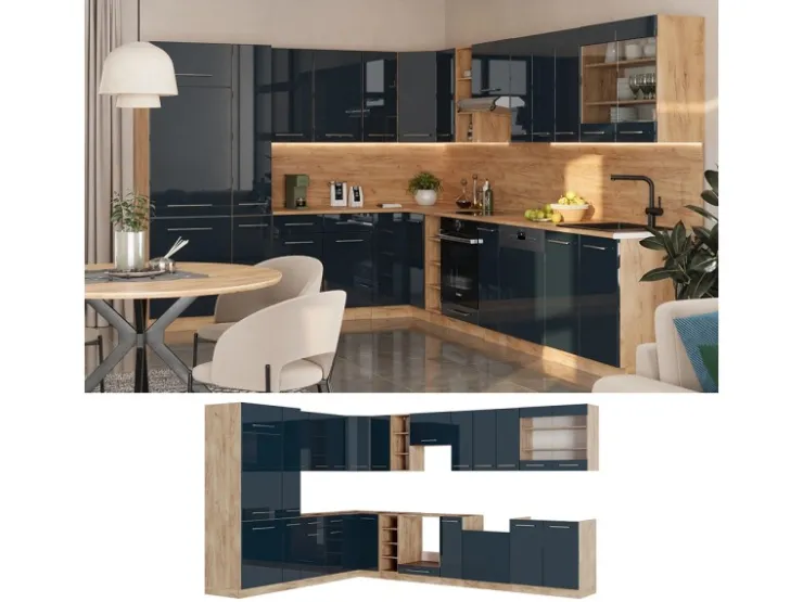 Hot Vicco Fame-Line Eckküche Hochglanz/Goldkraft Eiche 257 x 60 cm ohne Arbeitsplatte ohne E-Geräte Dunkelblau