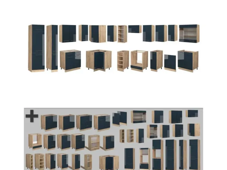 Hot Vicco Fame-Line Eckküche Hochglanz/Goldkraft Eiche 257 x 60 cm ohne Arbeitsplatte ohne E-Geräte Dunkelblau