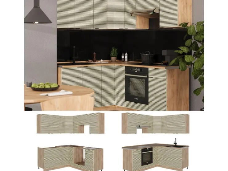 Discount Vicco Fame-Line Eckküche Eiche Paneel/Goldkraft Eiche 160 x 190 cm AP Marmor ohne E-Geräte Berghütten Eiche