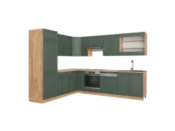 Winkelküchen<Vicco Fame-Line Eckküche -Gold Landhaus/Goldkraft Eiche 227 x 60 cm ohne Arbeitsplatte ohne E-Geräte Grün