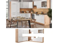 Winkelküchen<Vicco Fame-Line Eckküche Weiß Hochglanz/Goldkraft Eiche 347 x 257 cm ohne Arbeitsplatte ohne E-Geräte Hochglanz Weiß