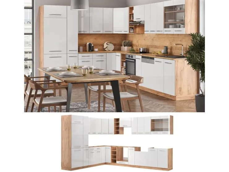 Winkelküchen<Vicco Fame-Line Eckküche Weiß Hochglanz/Goldkraft Eiche 347 x 257 cm ohne Arbeitsplatte ohne E-Geräte Hochglanz Weiß