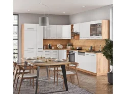 Winkelküchen<Vicco Fame-Line Eckküche Weiß Hochglanz/Goldkraft Eiche 347 x 257 cm ohne Arbeitsplatte ohne E-Geräte Hochglanz Weiß