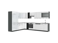 Winkelküchen<Vicco Fame-Line Eckküche /Anthrazit 347 x 257 cm AP Marmor ohne E-Geräte Weiß Hochglanz