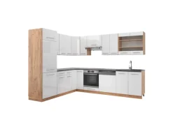 New Vicco Fame-Line Eckküche Weiß Hochglanz/Goldkraft Eiche 227 x 60 cm ohne Arbeitsplatte ohne E-Geräte Winkelküchen