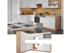 New Vicco Fame-Line Eckküche Weiß Hochglanz/Goldkraft Eiche 227 x 60 cm ohne Arbeitsplatte ohne E-Geräte Winkelküchen