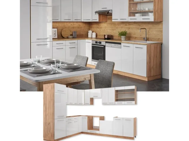 New Vicco Fame-Line Eckküche Weiß Hochglanz/Goldkraft Eiche 227 x 60 cm ohne Arbeitsplatte ohne E-Geräte Winkelküchen