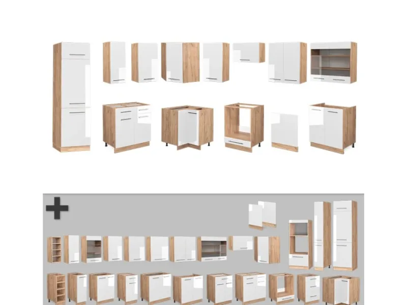 New Vicco Fame-Line Eckküche Weiß Hochglanz/Goldkraft Eiche 227 x 60 cm ohne Arbeitsplatte ohne E-Geräte Winkelküchen