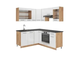 Discount Vicco Fame-Line Eckküche Weiß Hochglanz/Goldkraft Eiche 160 x 60 cm ohne Arbeitsplatte ohne E-Geräte Winkelküchen