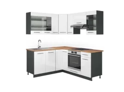 Winkelküchen<Vicco Fame-Line Eckküche /Anthrazit 160 x 190 cm AP Eiche ohne E-Geräte Weiß Hochglanz