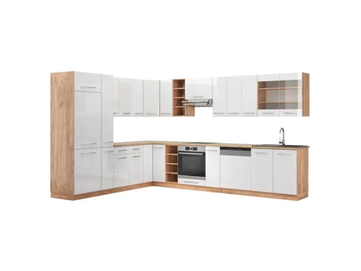 Winkelküchen<Vicco Fame-Line Eckküche Weiß Hochglanz/Goldkraft Eiche 347 x 257 cm AP Eiche ohne E-Geräte Hochglanz Weiß