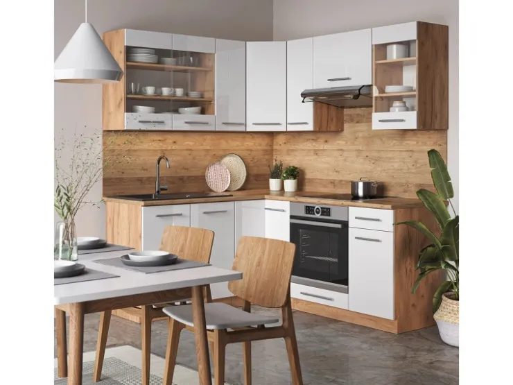 Best Vicco Fame-Line Eckküche Weiß Hochglanz/Goldkraft Eiche 160 x 190 cm AP Eiche ohne E-Geräte Hochglanz Weiß