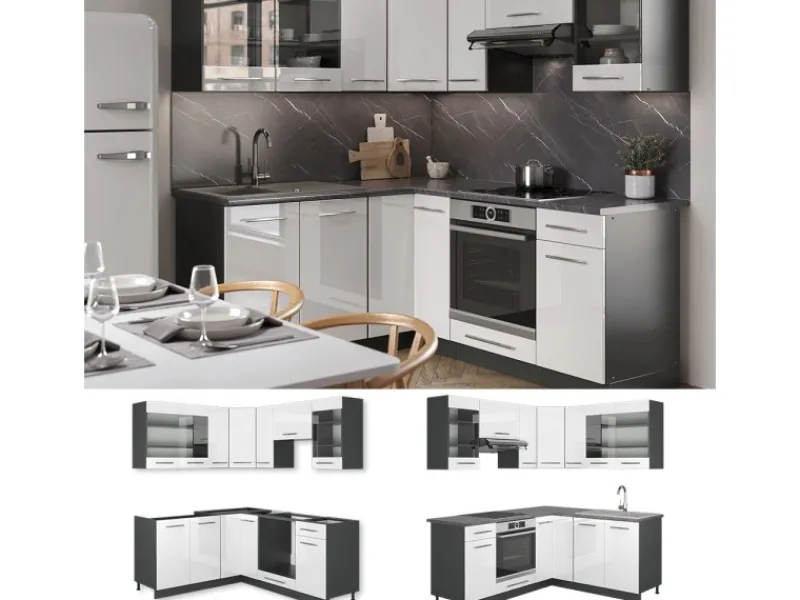 Hot Vicco Fame-Line Eckküche /Anthrazit 160 x 190 cm AP Marmor ohne E-Geräte Winkelküchen