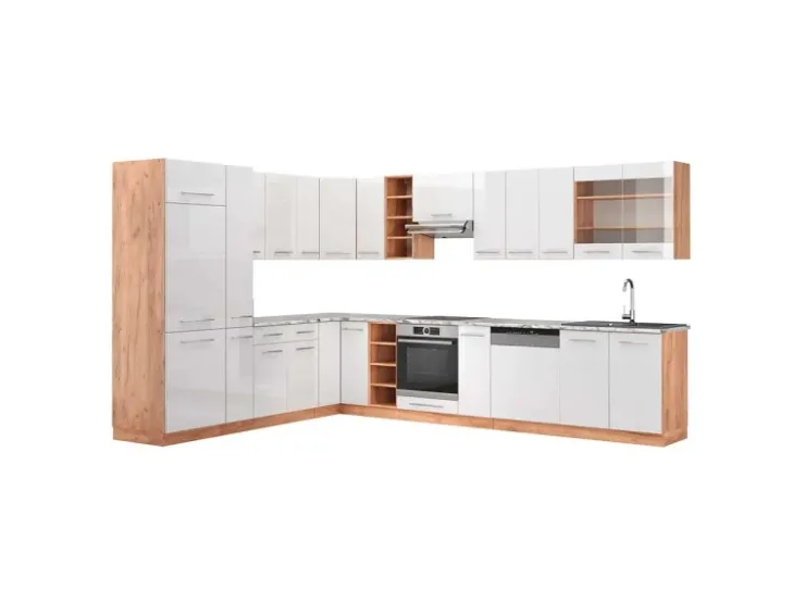 Winkelküchen<Vicco Fame-Line Eckküche Weiß Hochglanz/Goldkraft Eiche 347 x 257 cm AP Marmor ohne E-Geräte Hochglanz Weiß