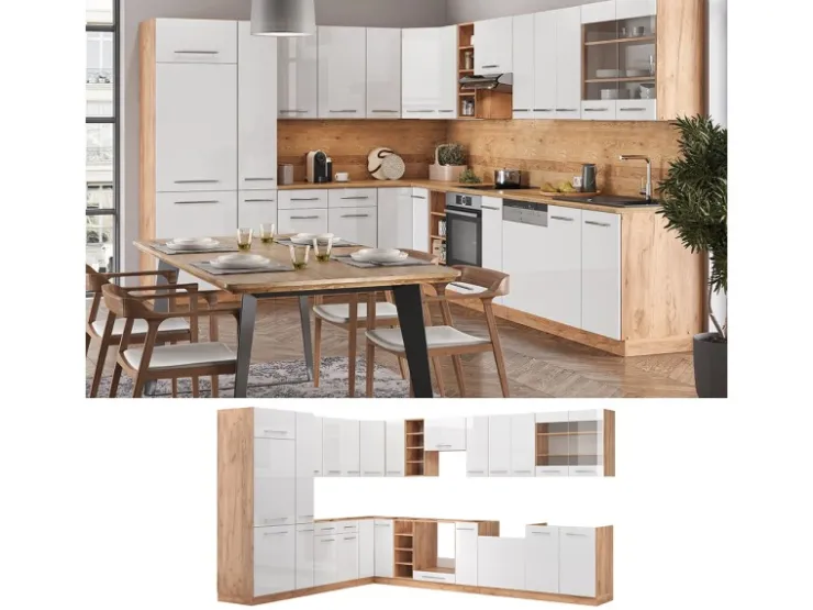 Winkelküchen<Vicco Fame-Line Eckküche Weiß Hochglanz/Goldkraft Eiche 347 x 257 cm AP Marmor ohne E-Geräte Hochglanz Weiß