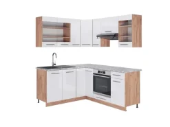 Clearance Vicco Fame-Line Eckküche Weiß Hochglanz/Goldkraft Eiche 160 x 190 cm AP Marmor ohne E-Geräte Winkelküchen