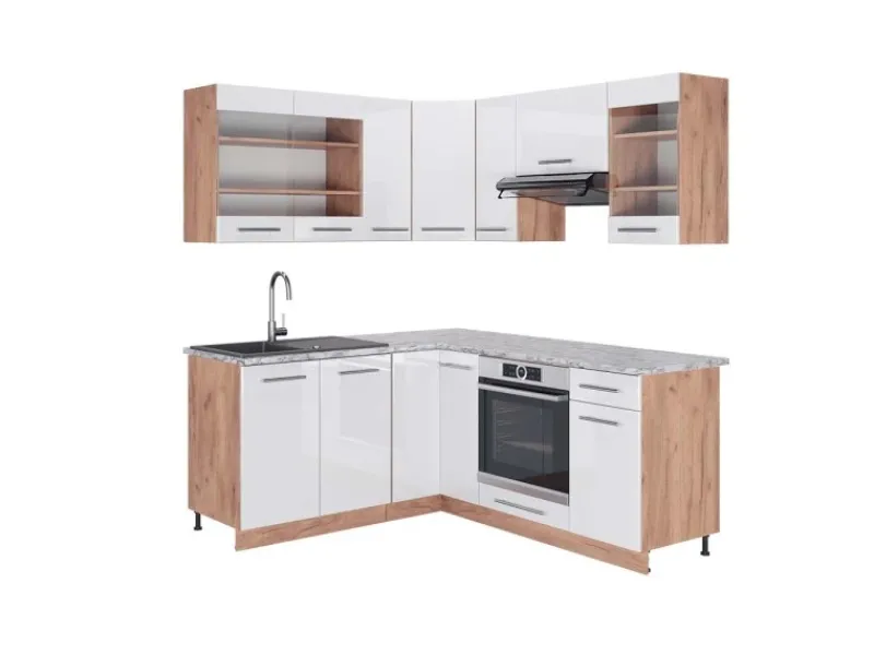 Clearance Vicco Fame-Line Eckküche Weiß Hochglanz/Goldkraft Eiche 160 x 190 cm AP Marmor ohne E-Geräte Winkelküchen