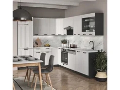 Winkelküchen<Vicco Fame-Line Eckküche Weiß Landhaus/Anthrazit 227 x 60 cm ohne Arbeitsplatte ohne E-Geräte Weiß Strukturiert