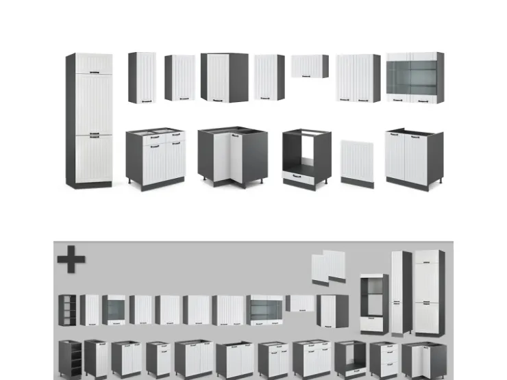 Winkelküchen<Vicco Fame-Line Eckküche Weiß Landhaus/Anthrazit 227 x 60 cm ohne Arbeitsplatte ohne E-Geräte Weiß Strukturiert